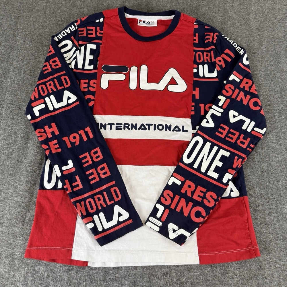 FILA International Logo Long Sleeve Shirt Red White Blue Men's L (fits like a M)